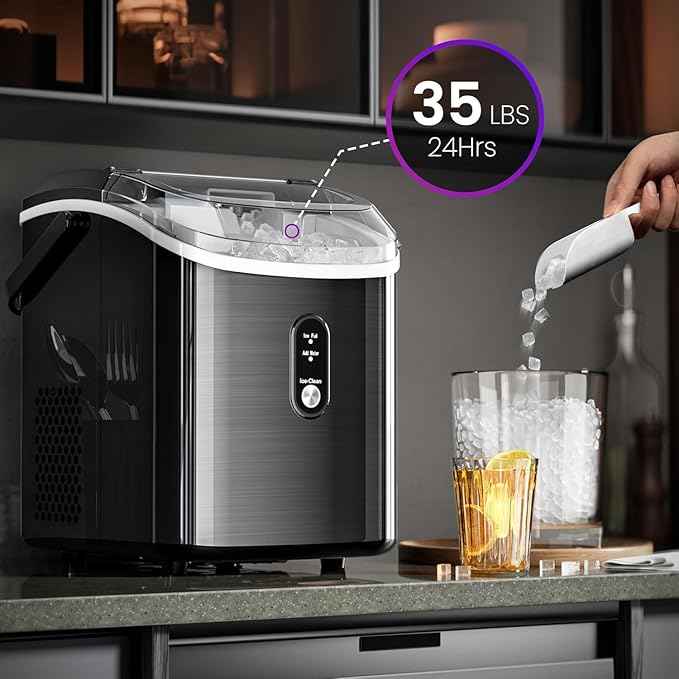 Kismile Nugget Ice Makers Countertop,35Lbs/24H,Portable Ice Machine with Crushed Ice,Self-Cleaning Function,One-Click Operation for Home/Office(Black)