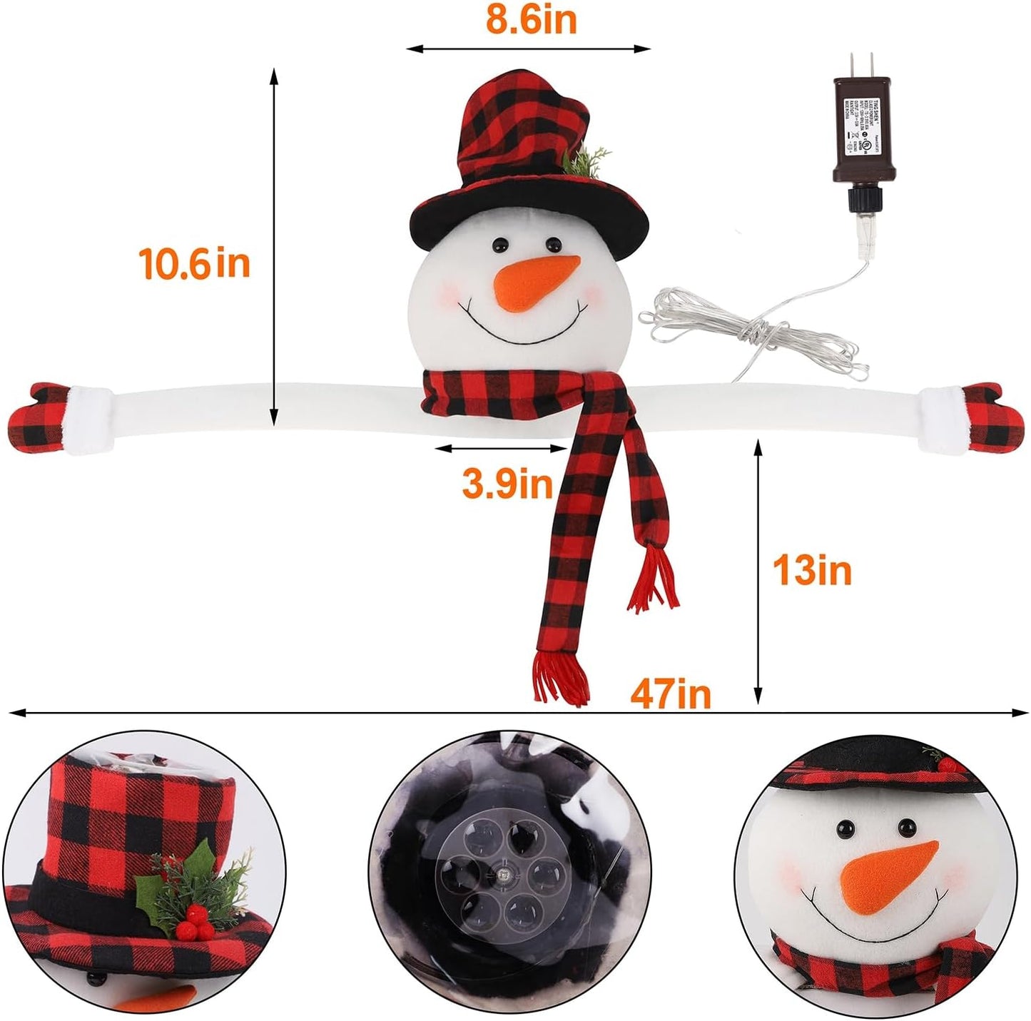 Juegoal Christmas Snowman Tree Topper with Built-in Snowflakes LED Projector, Plush Top Hat Snowmen Treetop Hugger with Rotating Magic Snow, Xmas Tree Ornament Holiday Winter Home Party Decorations