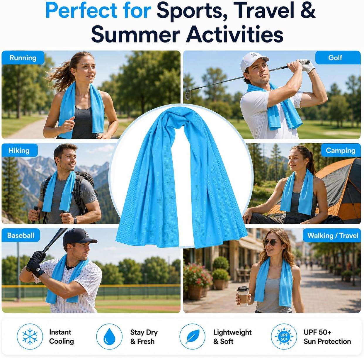 Cooling Towels 43.3" x 15.7" - Ice Towel, Sweat Towel, Cooling Towels for Neck & Face & Cooling Neck Wraps for Summer Heat - Neck Cooler for Quick Cool Down for Gym, Running, Golf, Yoga & Sports