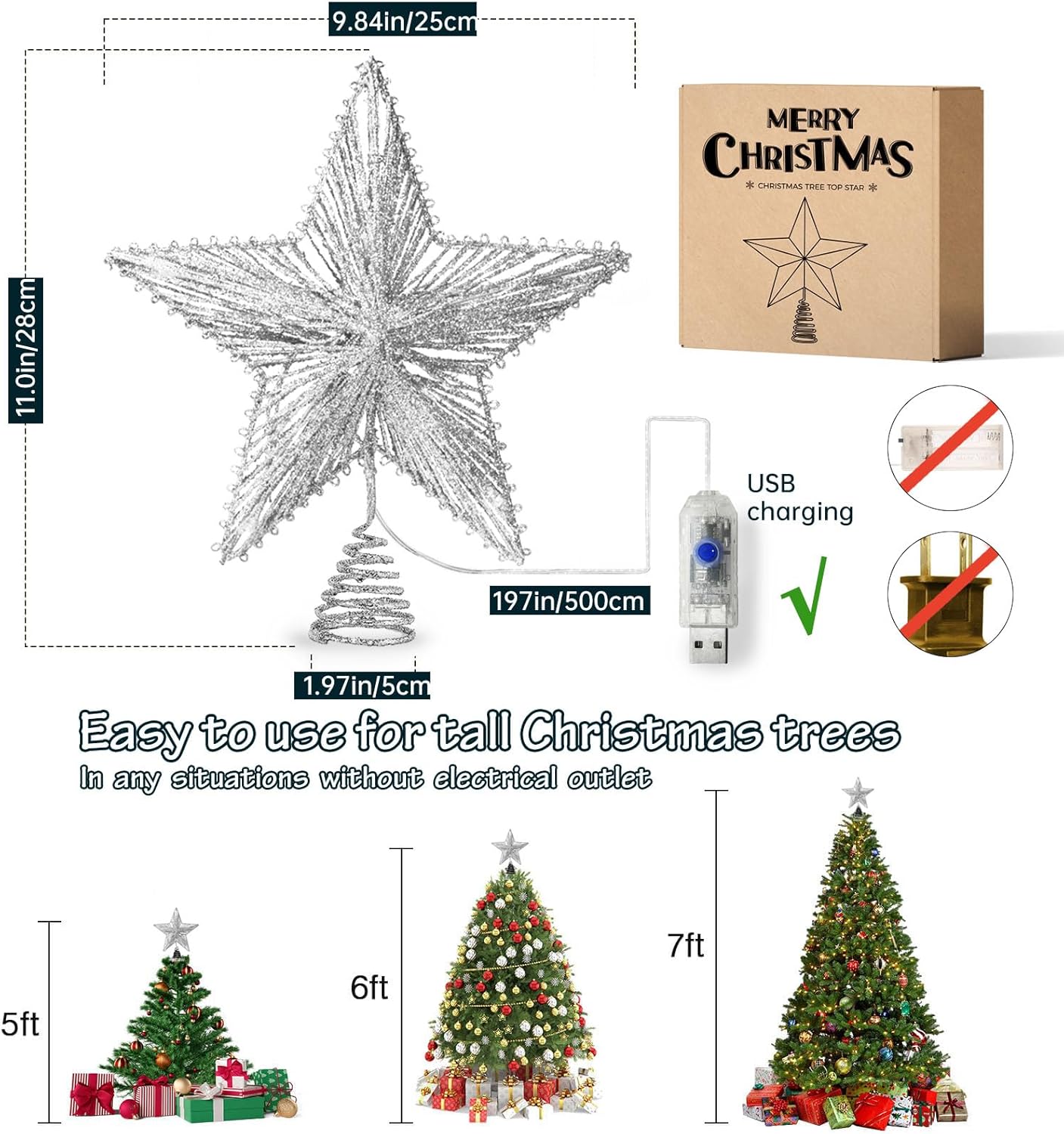 Silver Star Christmas Tree Topper with 50 Colouful LED Lights 8 Lighting Modes Timer, White Tree Topper for Christmas Tree Decorations and Xmas Holiday Seasonal Decor