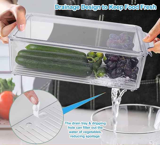 KUMD 14-Pack Clear Fridge Organizer Bins with Lids, Stackable Refrigerator Storage Containers, BPA-Free with Drain Tray & Anti-Slip Base for Fruits, Veggies, Drinks