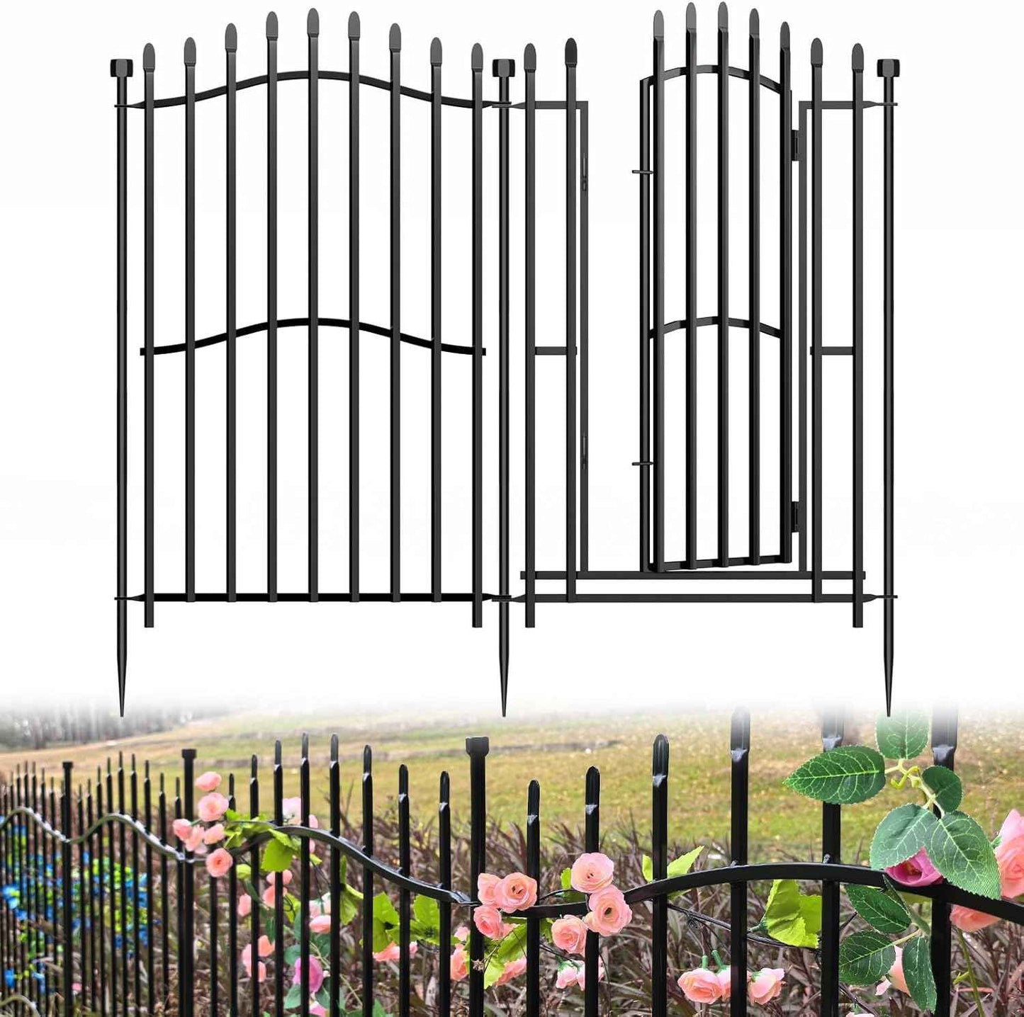 Tall No Dig Decorative Garden Fence with Gate - 5 Panels 40in H x 11.25ft L, Heavy-Duty Square Tube Animal Barrier, Rustproof Outdoor Dog Fence for Yard & Patio