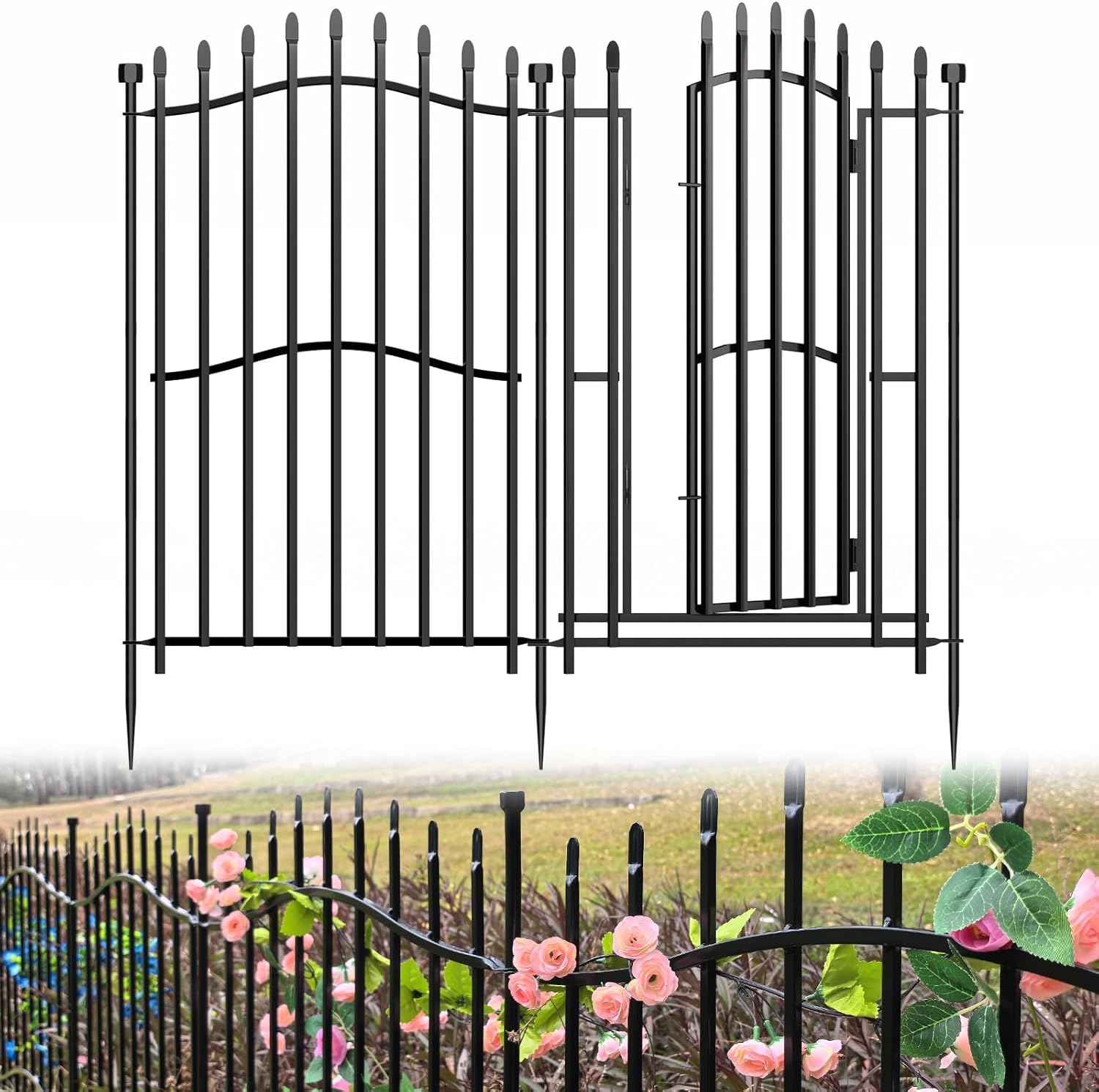 Tall No Dig Decorative Garden Fence with Gate - 5 Panels 40in H x 11.25ft L, Heavy-Duty Square Tube Animal Barrier, Rustproof Outdoor Dog Fence for Yard & Patio