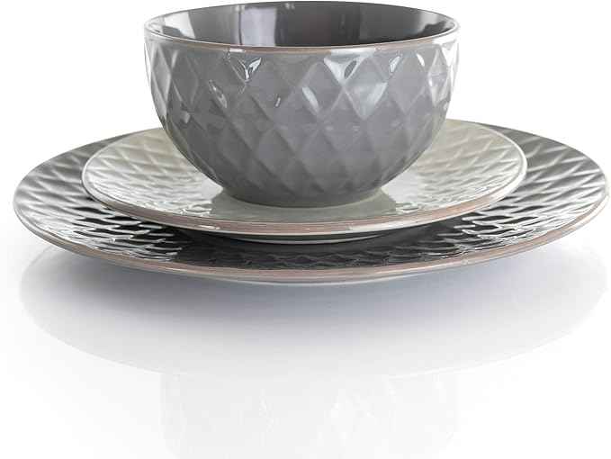 Elama Round Stoneware Collection Dinnerware Dish Set, 16 Piece, Slate and Pearl