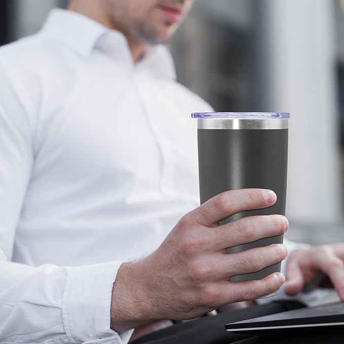 20 oz Tumbler Coffee Travel Tumblers Bulk with Lid Stainless Steel Double Wall Vacuum Insulated Mug Powder Coated Cups fit Car Cupholder for Hot and Cold - Grey, 8Pack