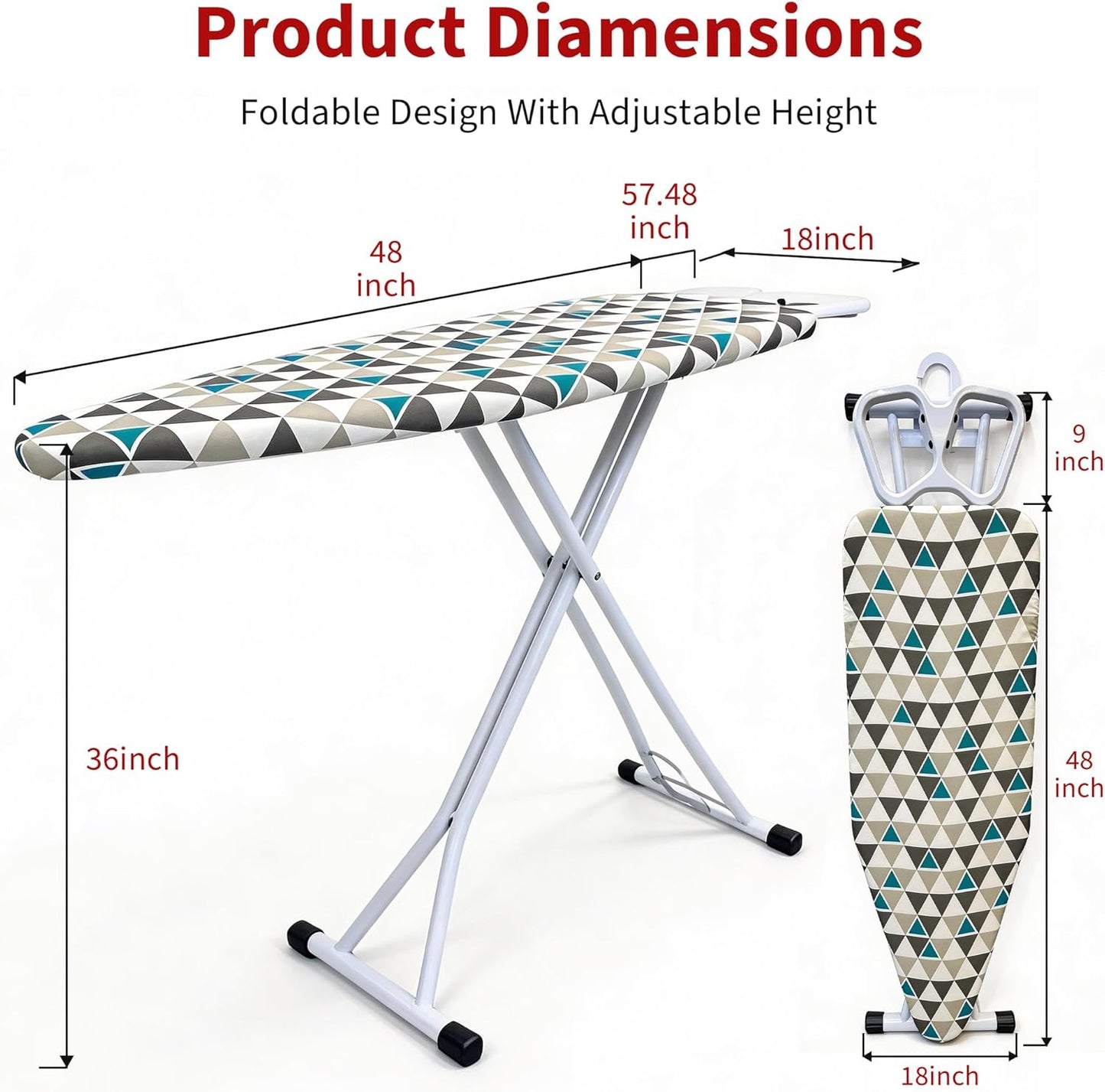 Extra Size Ironing Board with Built-in Hook, Iron Rest, 7 Adjustable Heights, 48" ×18" Large Size Iron Board with 4-Layer Heat Resistant Cover and Pad for Home Apartment Laundry, Gray