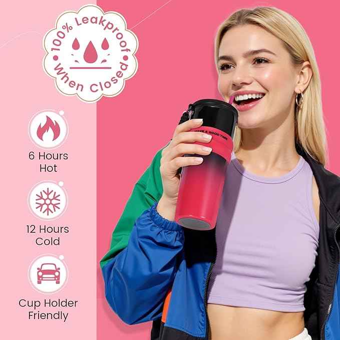 24 oz Stainless Steel Tumbler with Straw, Water Bottle Leak Proof for Hot and Cold, Pink Black Insulated Coffee Travel Mug, Ceramic Lined Tumbler, Reusable Thermal Coffee Cup Gift for Women