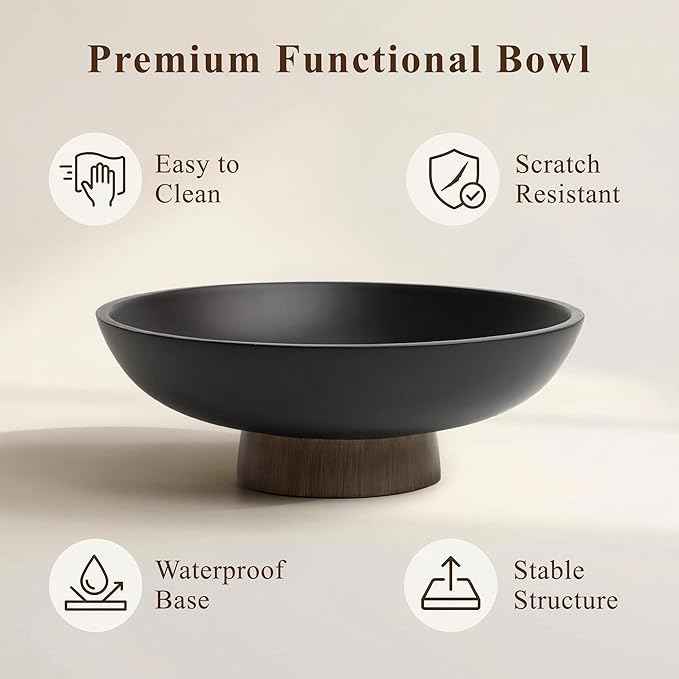 YMXYJM Modern Pedestal Fruit Bowl, Large Matte Resin Decorative Bowl with Faux Wood Base for Kitchen Counter, Living Room, Entryway Home Decor, Black