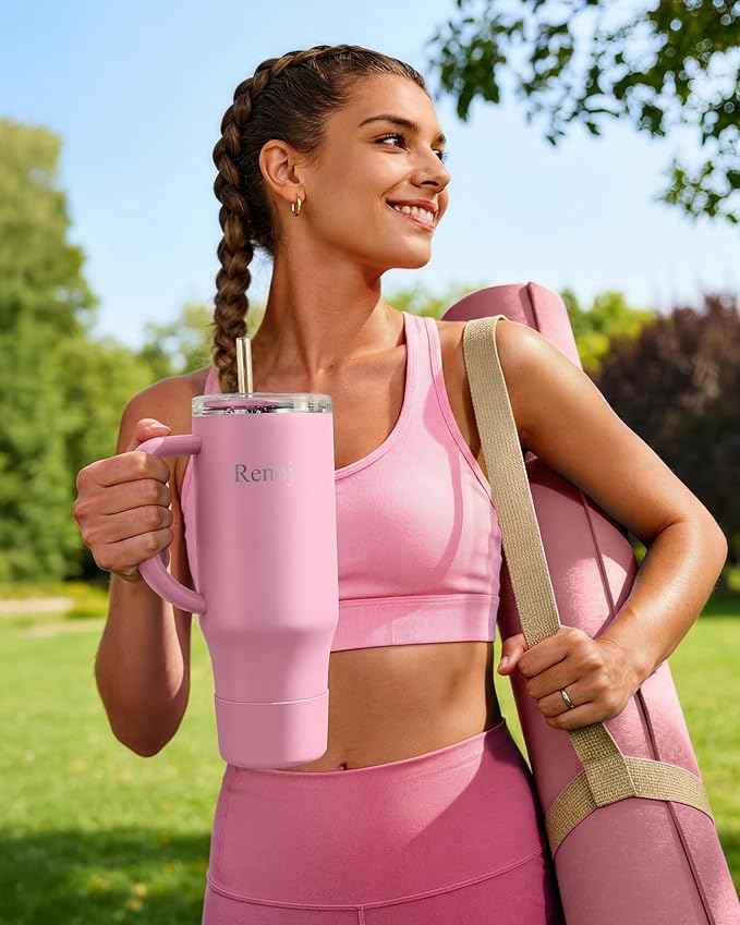 Renoj Insulated Mug 100% Spill Resistant Insulated Water Bottle for Iced Coffee & Hot Drinks - Fits Car Cup Holder, Ideal Gift, 2 Straws & Silicone Boot - FlexSlide Pink 40 oz