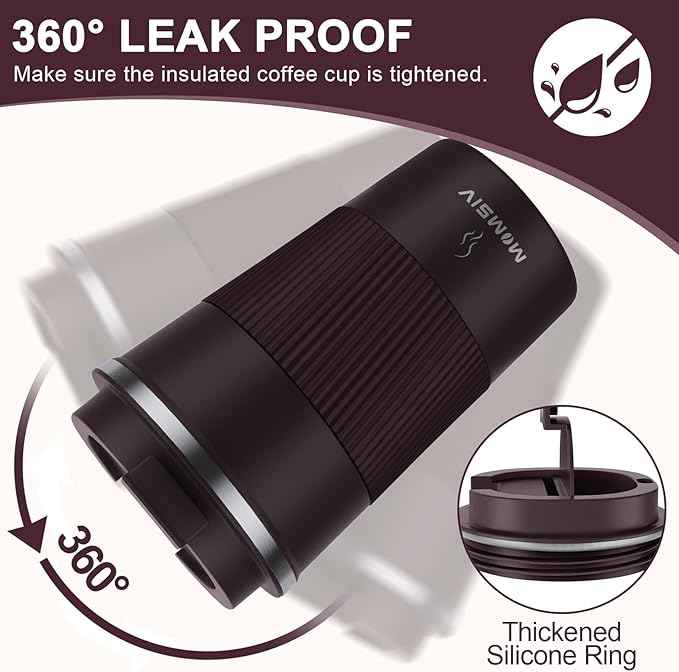 MOMSIV 12oz Travel Mug, Insulated Coffee Cup with Leakproof Lid, Vacuum Stainless Steel Double Walled Reusable Tumbler for Hot and Cold Water Coffee and Tea In Travel and Car (Brown)