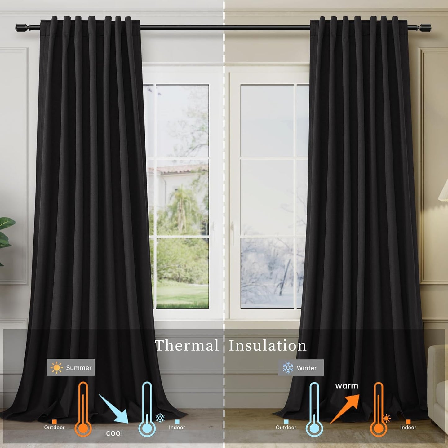 BOODII 100% Blackout Curtains 84 Inch Length 2 Panels Set Black Linen Textured Curtains Thermal Insulated Room Darkening for Bedroom Living Room Drape Sound Proof Curtain for Window Back Tab, 52x84