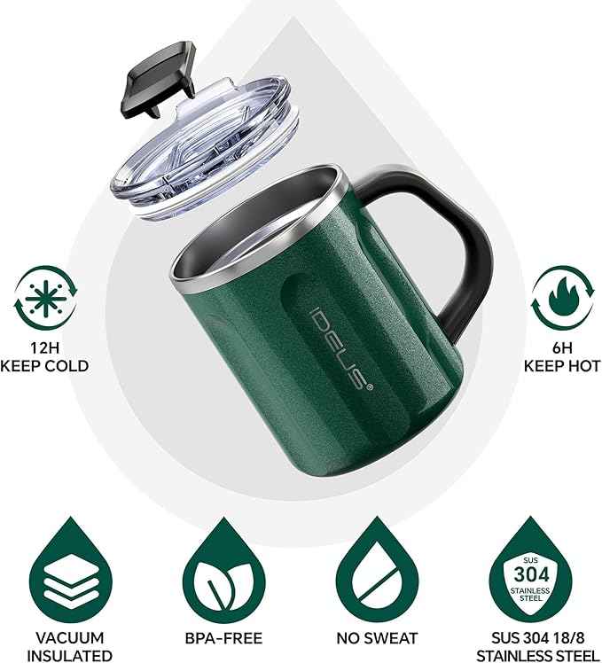 Ideus 16 oz Coffee Cup, Stainless Steel Coffee Travel Mug, Spill Proof Tea Mug with Handle and Lid, Lightweight and Durable, Great for Office Home and Outdoor Use, Deep Green-FUJI FLOW