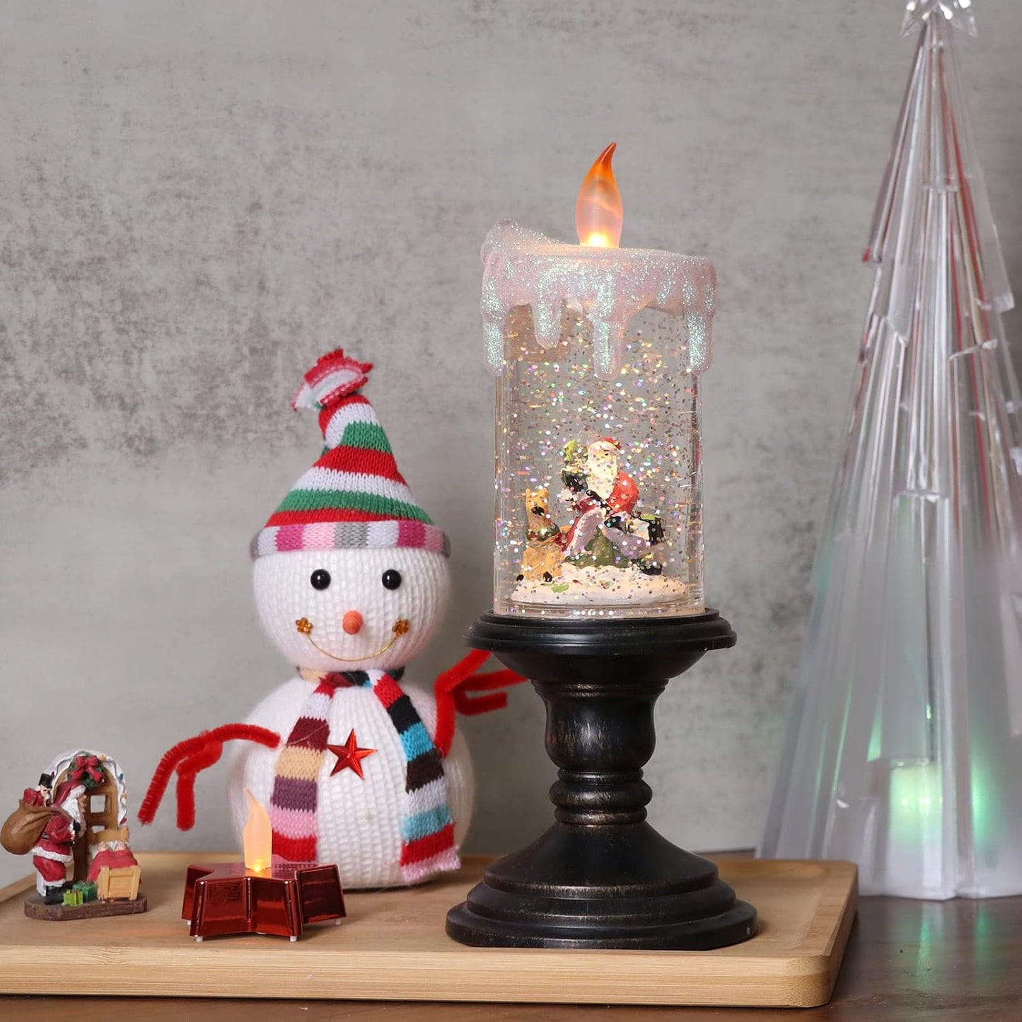 Eldnacele Battery Operated Lighted Flameless Candles Christmas Snow Globe Candle Light Swirling Water Glittering Spinning Candles for Home Decoration(Santa)