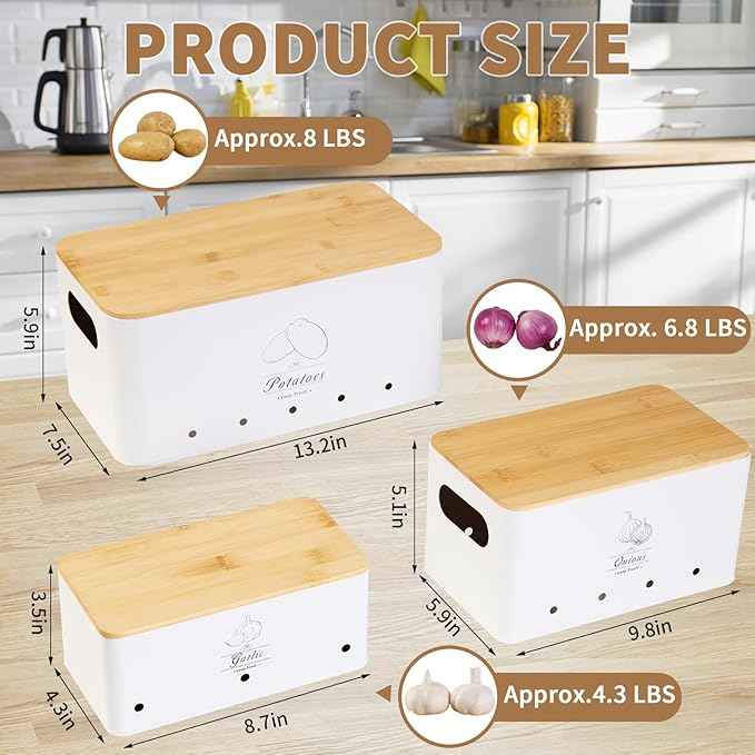 3 Pack Metal Vegetable Storage,Potato Onion Garlic Storage Set,Kitchen Canisters Vegetable Keeper,Stackable Pantry Organizers with Ventilation Holes and Bamboo Lids(WHITE)