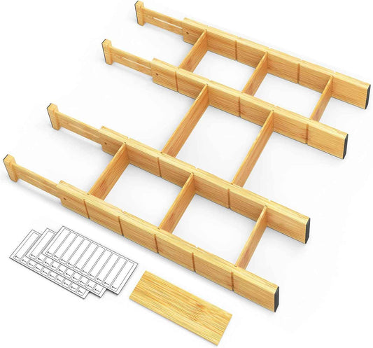 SpaceAid Bamboo Drawer Dividers with Inserts and Labels, Kitchen Adjustable Drawer Organizers, Expandable Organization for Home, Office, Dressers, 4 Dividers with 9 Inserts (17"-22" Natural)