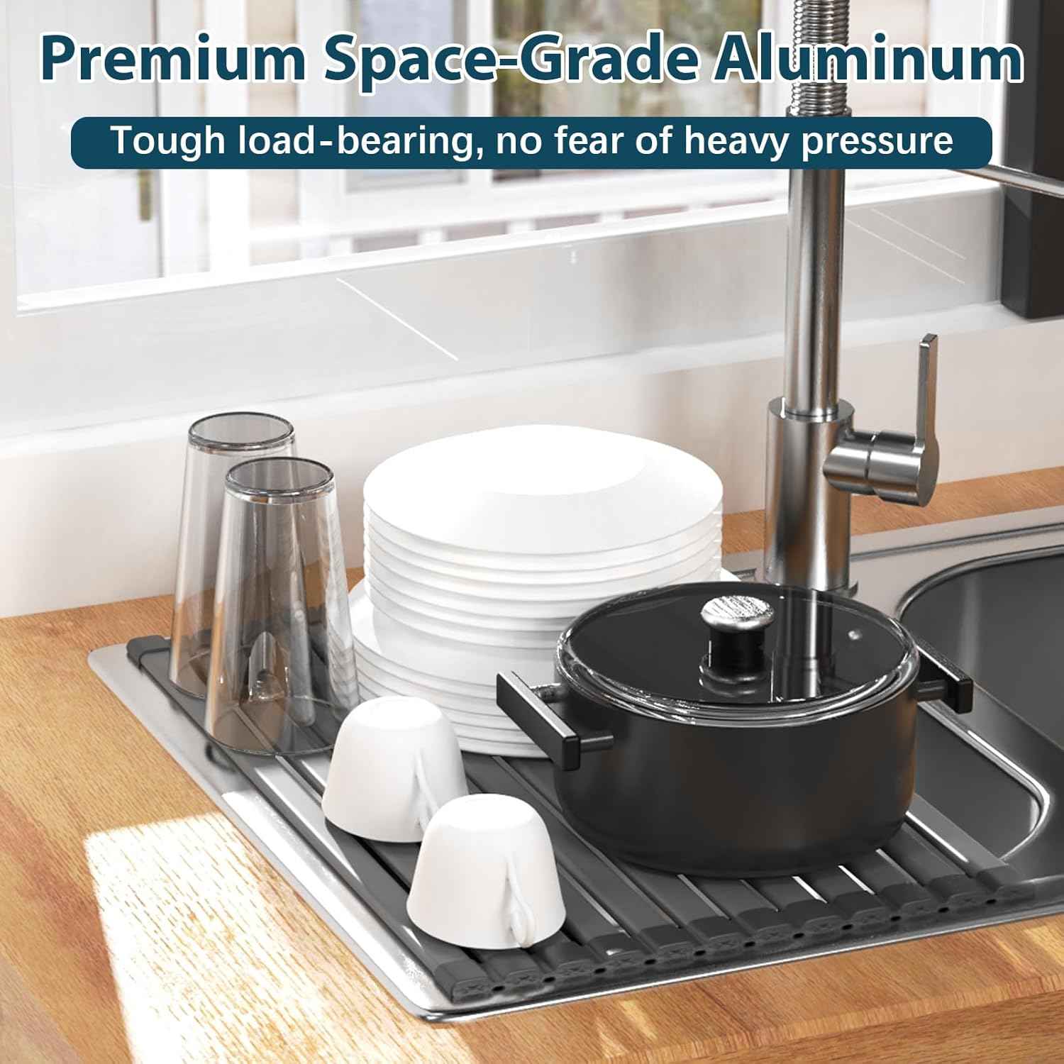 KABUM 17.72x11.81 Heavy-Duty Aluminum Alloy Roll Up Dish Drying Rack, Food-Safe Coating with Anti-Skid Silicone, Extra Wide & Thickened Sink Drying Rack for Kitchen Counter, Space-Saving Organizer