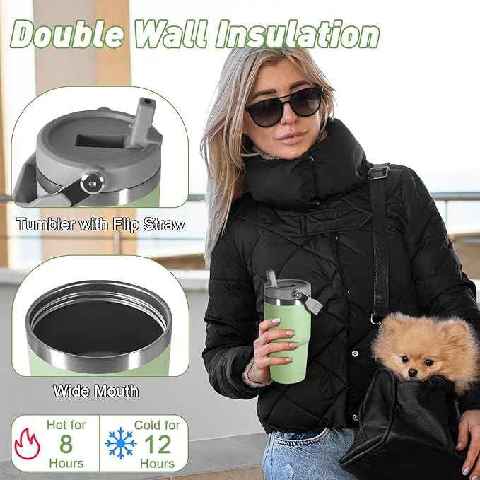 20 oz Tumbler with Handle, Insulated Tumbler with Lid and Flip Straw Leak Proof Double Wall Stainless Steel Vacuum Travel Coffee Mug Insulated Water Bottle Thermal Cup, Cupholder Friendly, Green