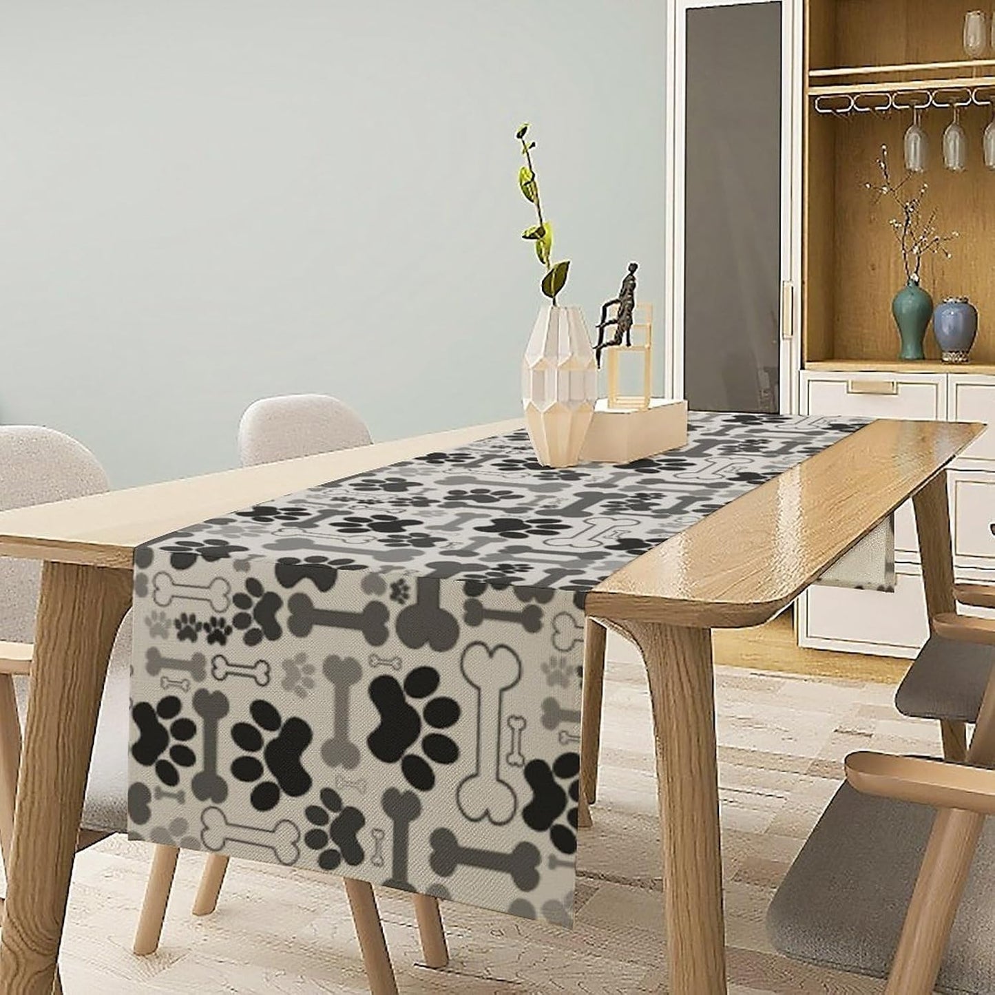 Dog Paw Table Runner,Gray Cartoon Dog Paw and Bones Puppy Dog Birthday Party Decoration Farmhouse Dining Room Kitchen Home Decor 13x36 Inch