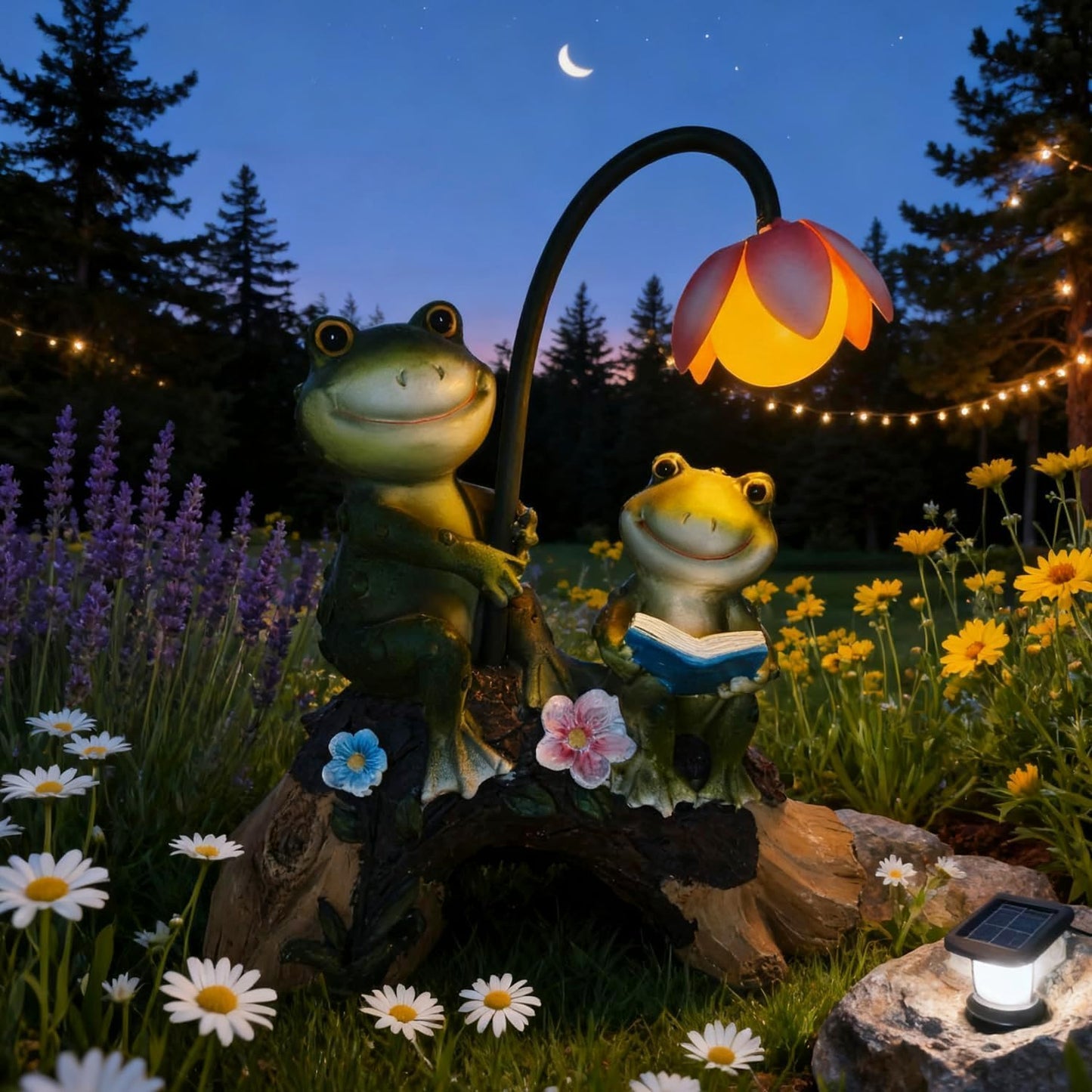 Solar Powered Frog Garden Statue with LED Flower Light, Resin Frog Family Figurine for Outdoor Patio Yard Lawn Decor, Cute Animal Garden Sculpture