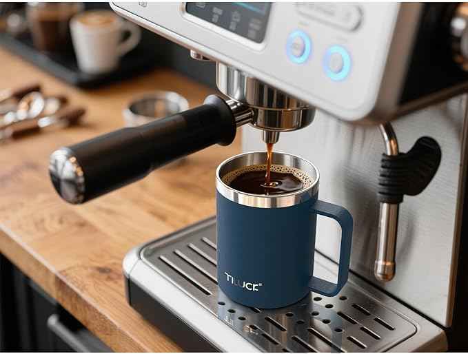 TILUCK 12 oz Insulated Coffee Mug with Lid, Double Wall Vacuum Insulated Travel Mug Cup with Handle for Hot or Cold Drinks（12oz，Matte DarkBlue）
