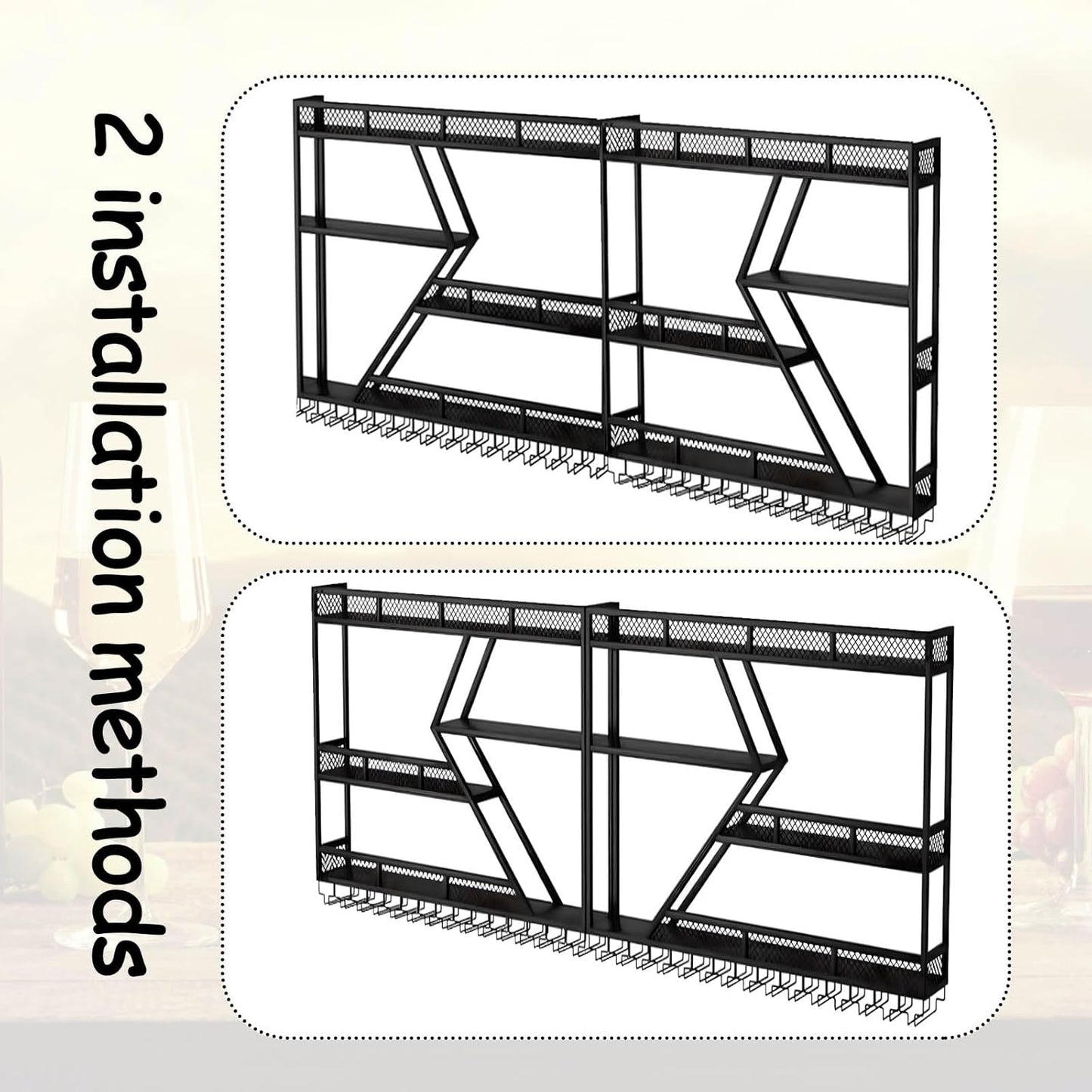 Wall Mounted Wine Rack with Glass Holder, 3-Tier Metal Storage Shelf, Black Diamond Design, Wine Bottle Display with Stemware Storage (Black, 39.37in/Left)