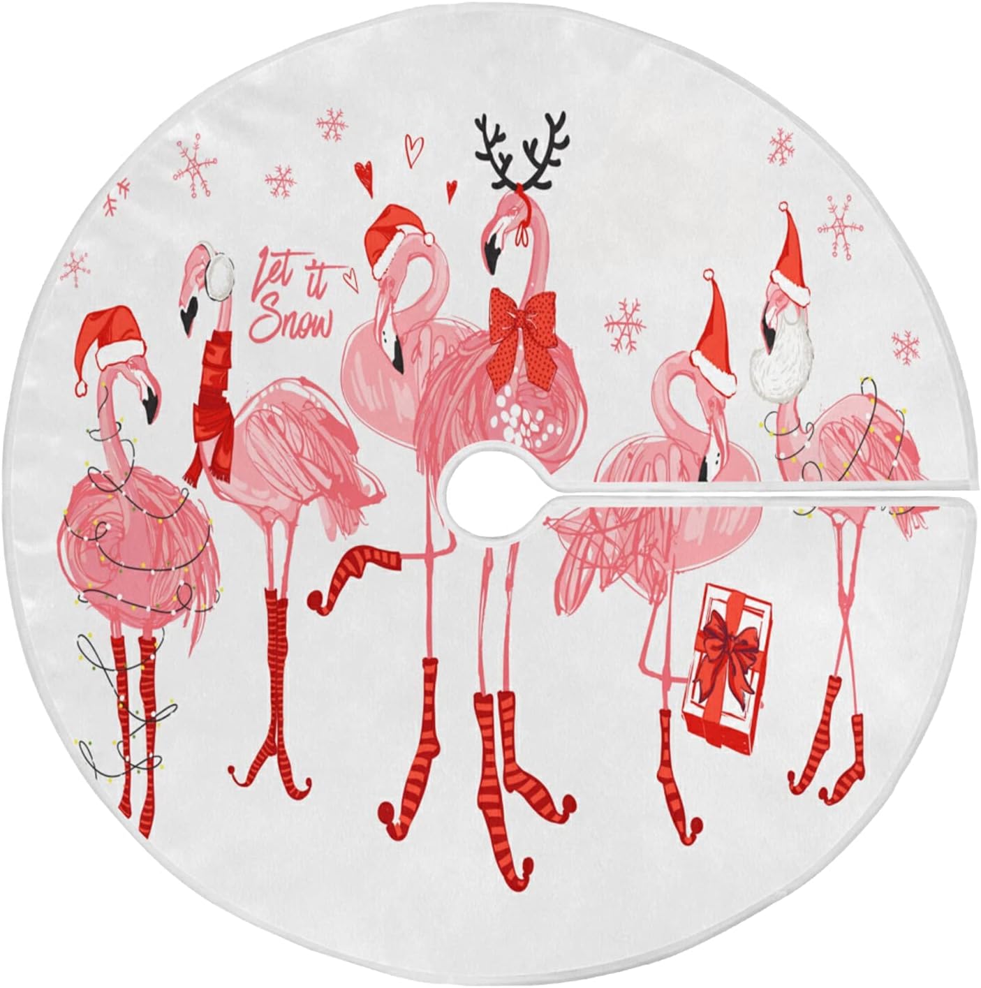 Christmas Pink Flamingo Snowflake Tree Skirt, Seasonal Tree Mat Holiday Party Supplies Ornaments Indoor Outdoor Decorations for Tabletop Trees 35.4 Inches