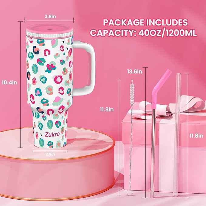 Zukro 40 oz Tumbler with Handle and Straw, Vacuum Insulated Stainless Steel Cup Fits in Cupholder for Travel, Home, Office - No Sweat & Keep Drinks Cold 24 Hours - BPA Free, Pink
