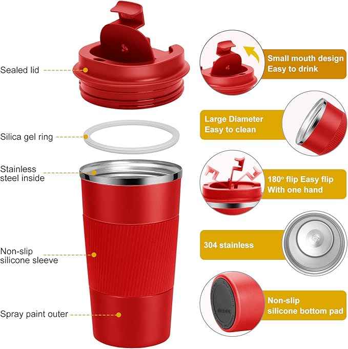 YINJAM 17oz Travel Coffee Mug Insulated Coffee Cups to Go with Leakproof Lid Vacuum Stainless Steel Double Walled Thermal Car Coffee Tumbler for Hot Cold Ice Tea Drinks Reusable (Red, 17oz)