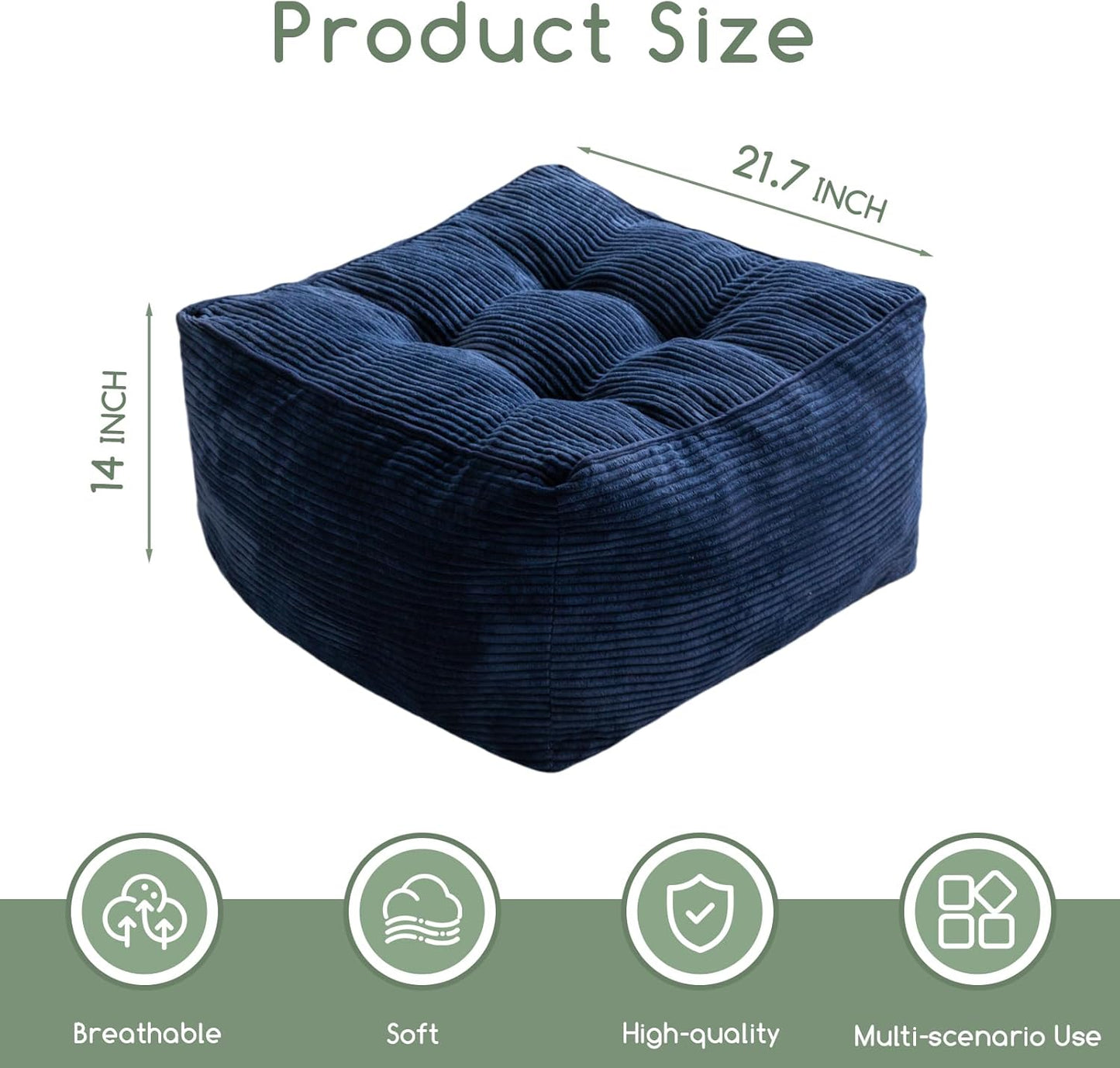HIGOGOGO Square Stuffed Pouf Ottoman, Corduroy Poufs with Foam Chunk Filling, Furry and Fluffy Pouf Foot Stool Storage Ottoman, 21 X 21 Floor Poufs Foot Rest for Living Room, Navy