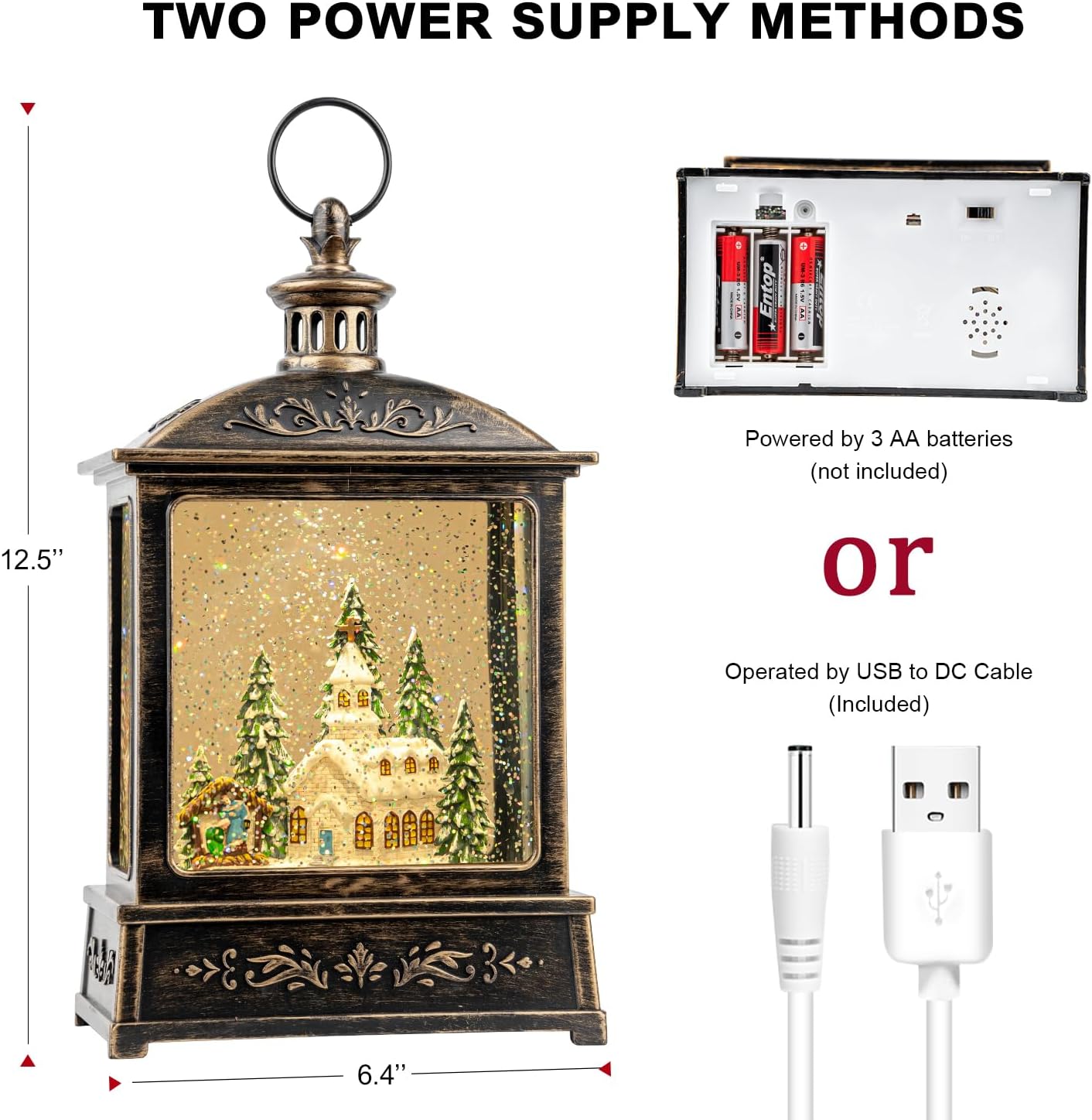 Christmas Snow Globe Lantern Water Glittering Churche & Manger Scene with Music & Timer, USB Lined/Battery Operated Lighted Lantern for Christmas Festival Decoration Gifts