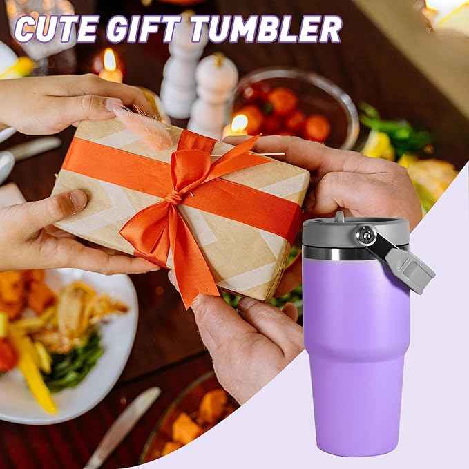 20 oz Tumbler with Handle, Insulated Tumbler with Lid and Flip Straw Leak Proof Double Wall Stainless Steel Vacuum Travel Coffee Mug Insulated Water Bottle Thermal Cup, Cupholder Friendly, Purple