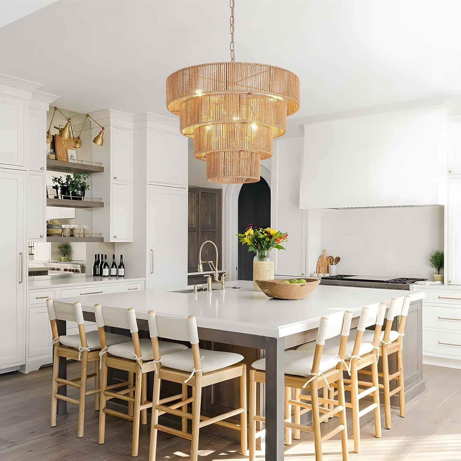 19.7” Boho Rattan Chandelier 6-Lights Hand-Woven Rattan Dining Room Light Fixture Vintage Farmhouse Chandelier Wicker Rustic Hanging Ceiling Pendant Light for Kitchen Island, Bedroom