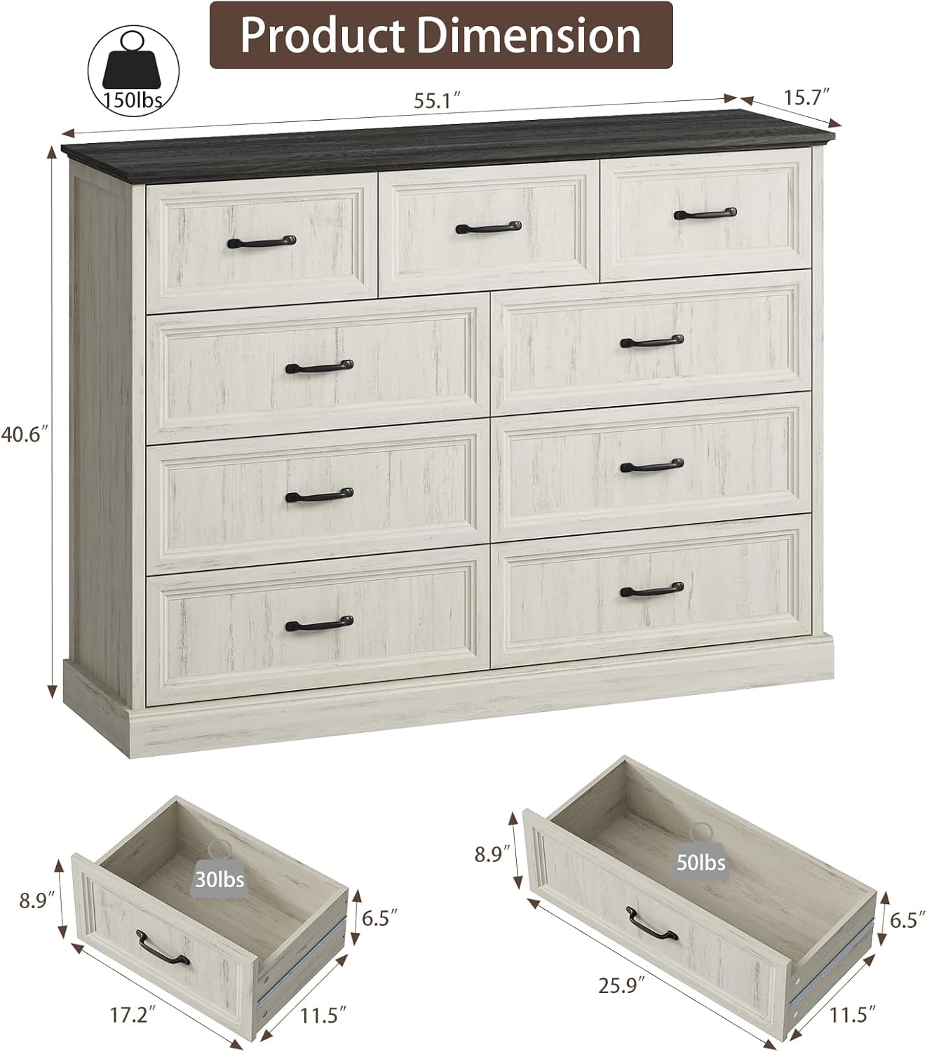 Farmhouse 9 Drawer Dresser for Bedroom, 55 Inch Wide Modern White Dresser TV Stand with Large Drawers & Bar Handles, Rustic Wood Chest of Drawers for Bedroom, Living Room, Hallway, Entryway.