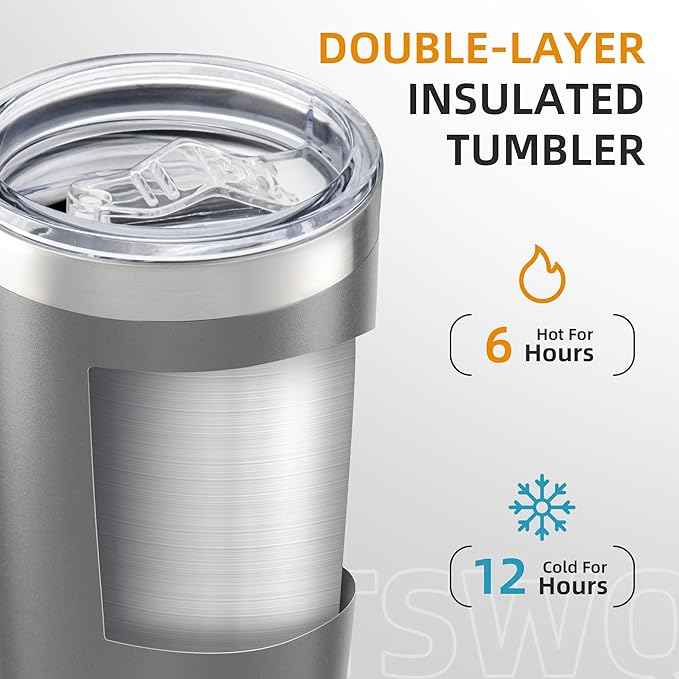 20 oz Tumbler Bulk with Lid Stainless Steel Insulated Tumblers Double Wall Vacuum Coffee Mug Powder Coated Tumbler Cups for Cold and Hot Drinks, Grey, 6 pack