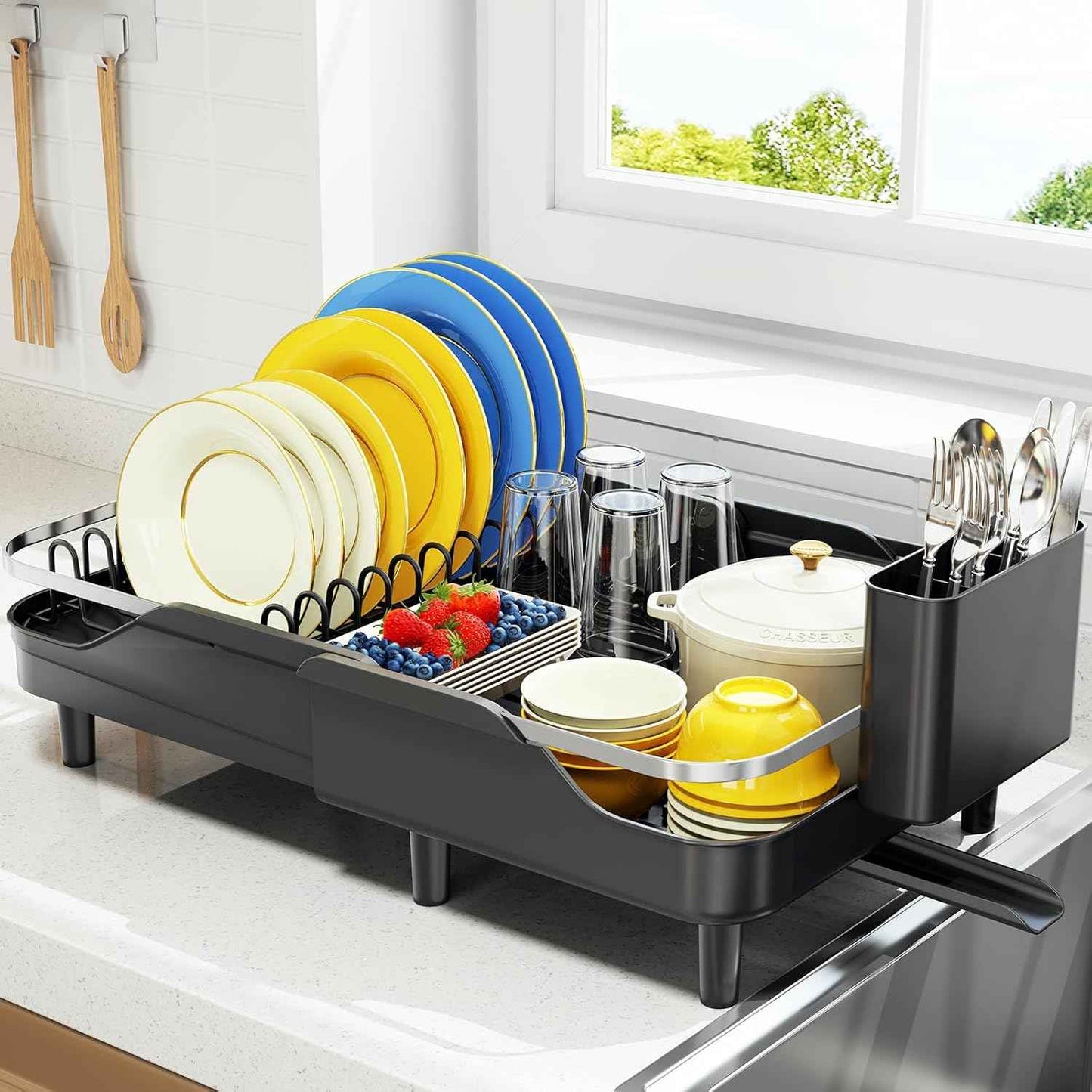 Urackify Expandable Dish Rack for Kitchen Counter,16.14"-23.62" Large Stainless Steel Dish Drying Rack with Adjustable Water Spout, Space Saving Dish Drainer with Auto Draining Cutlery Holder,Black