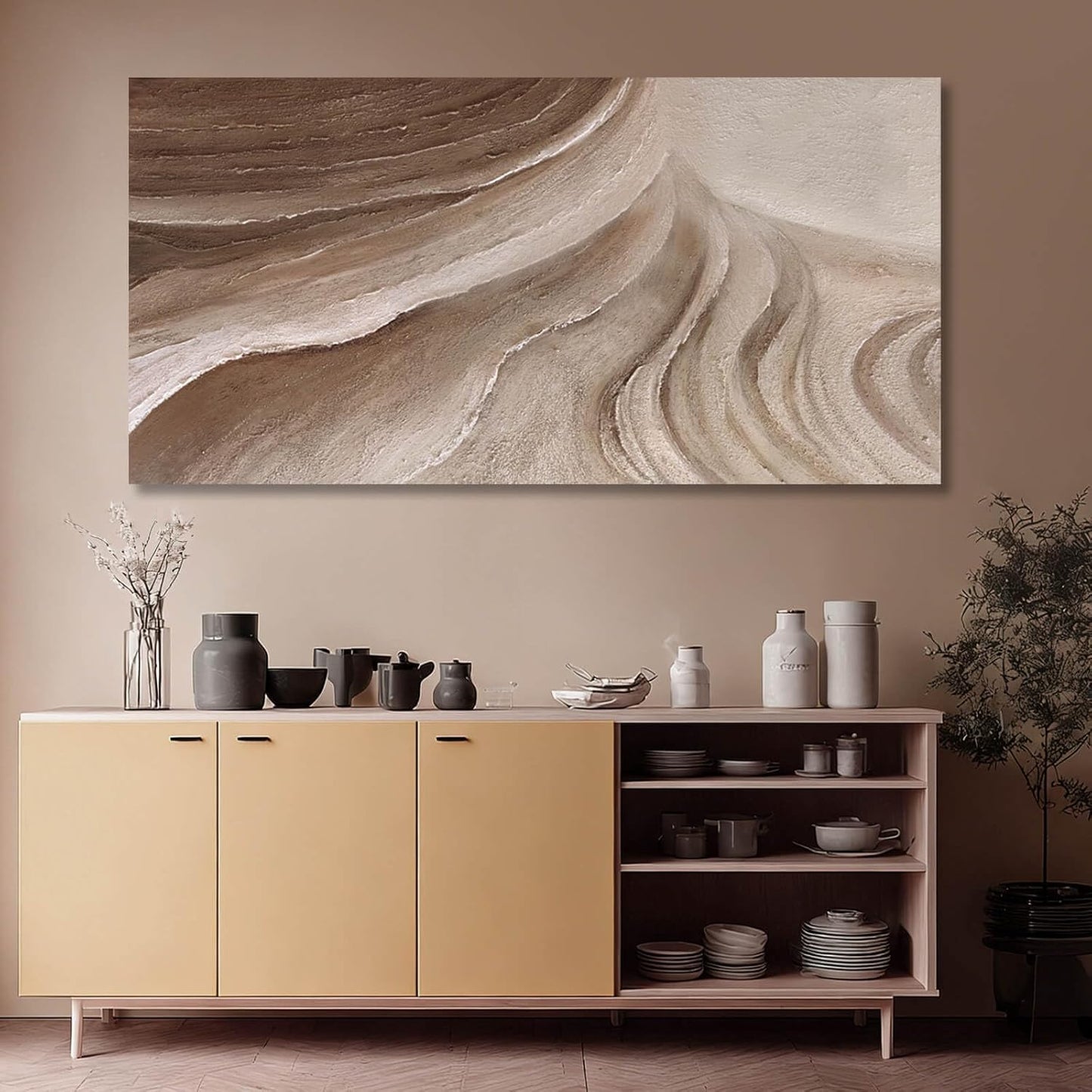 MLART99 Modern Abstract Beige and Brown Canvas Wall Art Textured Minimalist Line Painting Wave-Inspired Artwork for Living Room Bedroom Office Home Decor 24x48 Inch