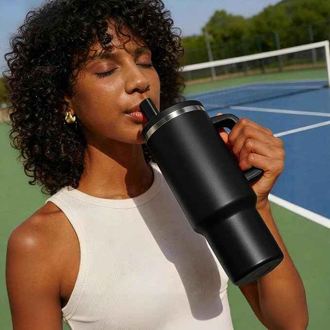 BENZZO Leak-proof 40oz Tumbler with Handle - Black Insulated Water Bottle With Straw 40 OZ Insulated Coffee Mug Travel Cup