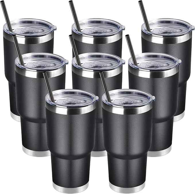 DOMICARE 30oz Tumbler Bulk with Lid and Straw, Double Wall Travel Coffee Mug, Insulated Vacuum Stainless Steel Tumblers, Powder Coated Tumbler Cup (Black, 8)