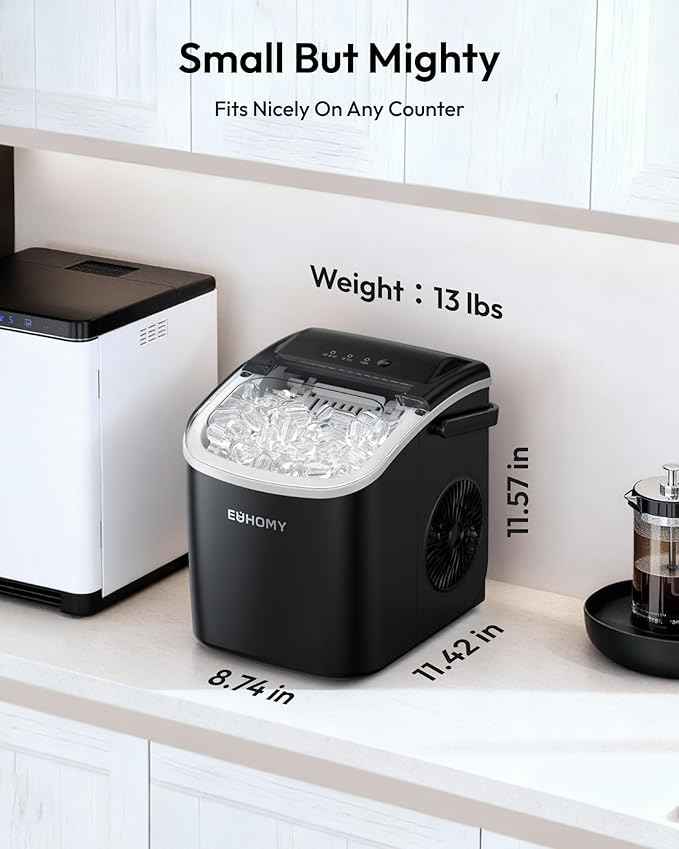 EUHOMY Countertop Ice Maker Machine with Handle, 26lbs in 24Hrs, 9 Ice Cubes Ready in 6 Mins, Auto-Cleaning Portable Ice Maker with Basket and Scoop, for Home/Kitchen/Camping/RV. (Black)