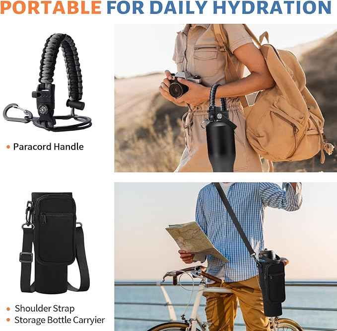 40 oz Insulated Water Bottle Fit in Car Cup Holder - 40oz Metal Water Bottle with Straw & Auto Spout Lids, Paracord Handle, Carrier Bag & Water Flask Boot, Travel Tumbler Cup Keep Cold-48h Hot-24h