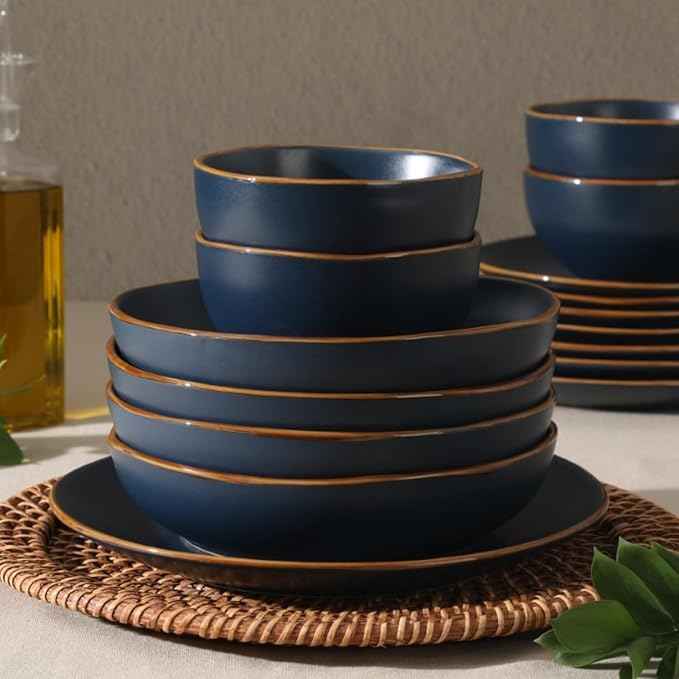 Gibson Home Hazeltine 16-Piece Navy Blue Stoneware Dinnerware Set – Plates and Bowls, Durable Ceramic Kitchen Dinner Set