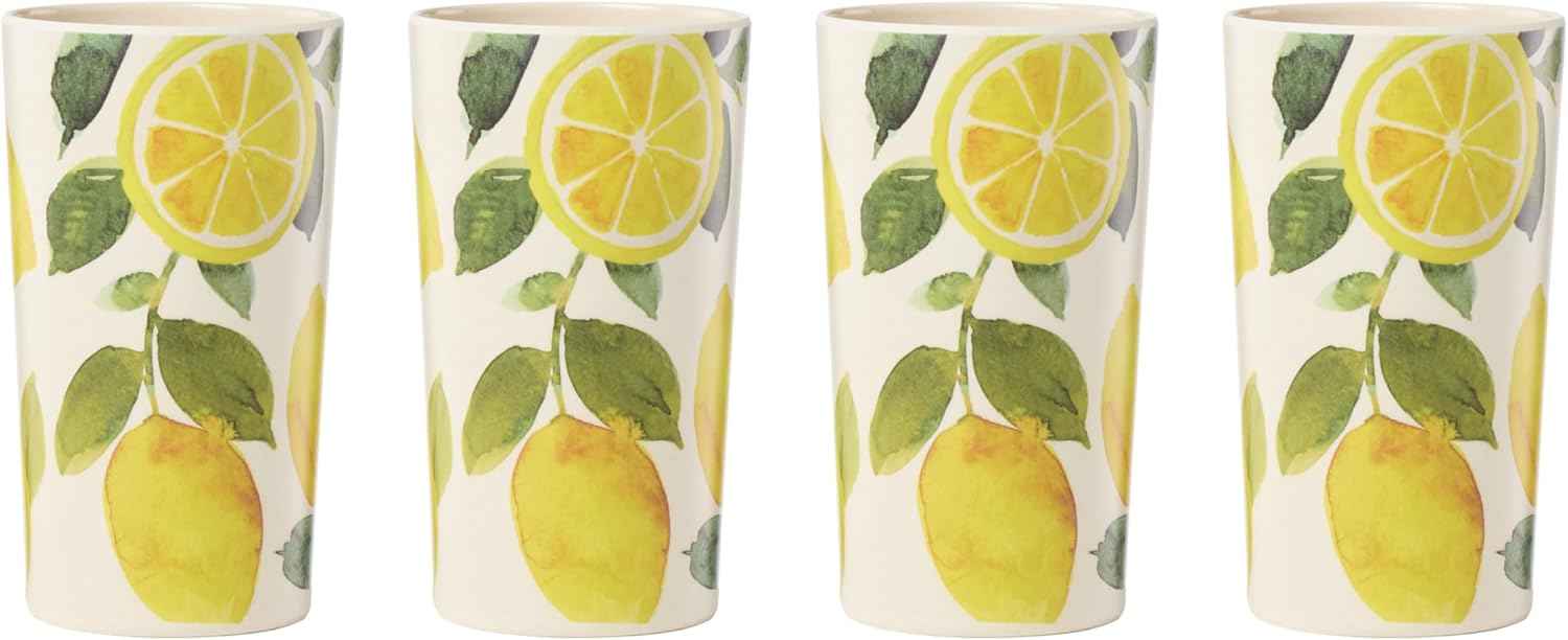 Oneida Drinkware, 24 Seven Melamine Lemon Tumblers, Set of 4, Lemons Pattern, 16-Fl Oz, Dishwasher Safe, Melamine Plastic Cups, Drinking Glasses, Bridal Shower Gifts, Tumbler Cup Set (Yellow, 4 Piece)