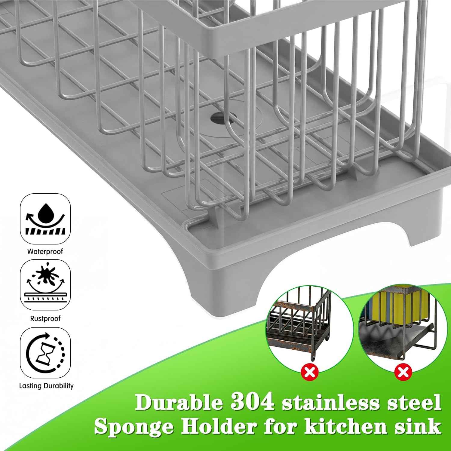 VOOWO Sponge Holder for Kitchen Sink, Compact Sink Caddy with Detachable Brush Holder and Towel Rack, Stainless Steel Kitchen Sink Organizer for Dish Sponge, Soap Dispenser Storage Accessories (Gray)