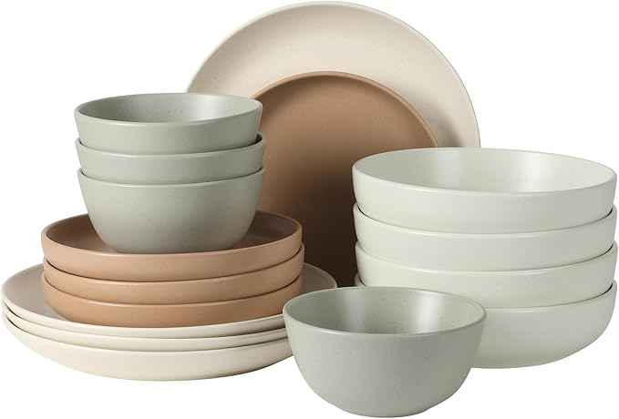 Gibson Elite Leeds Court Plates and Bowls Sets, 16-Piece Stoneware Dinnerware Sets, Assorted Colors, Round Speckle Reactive Glaze Dish Set
