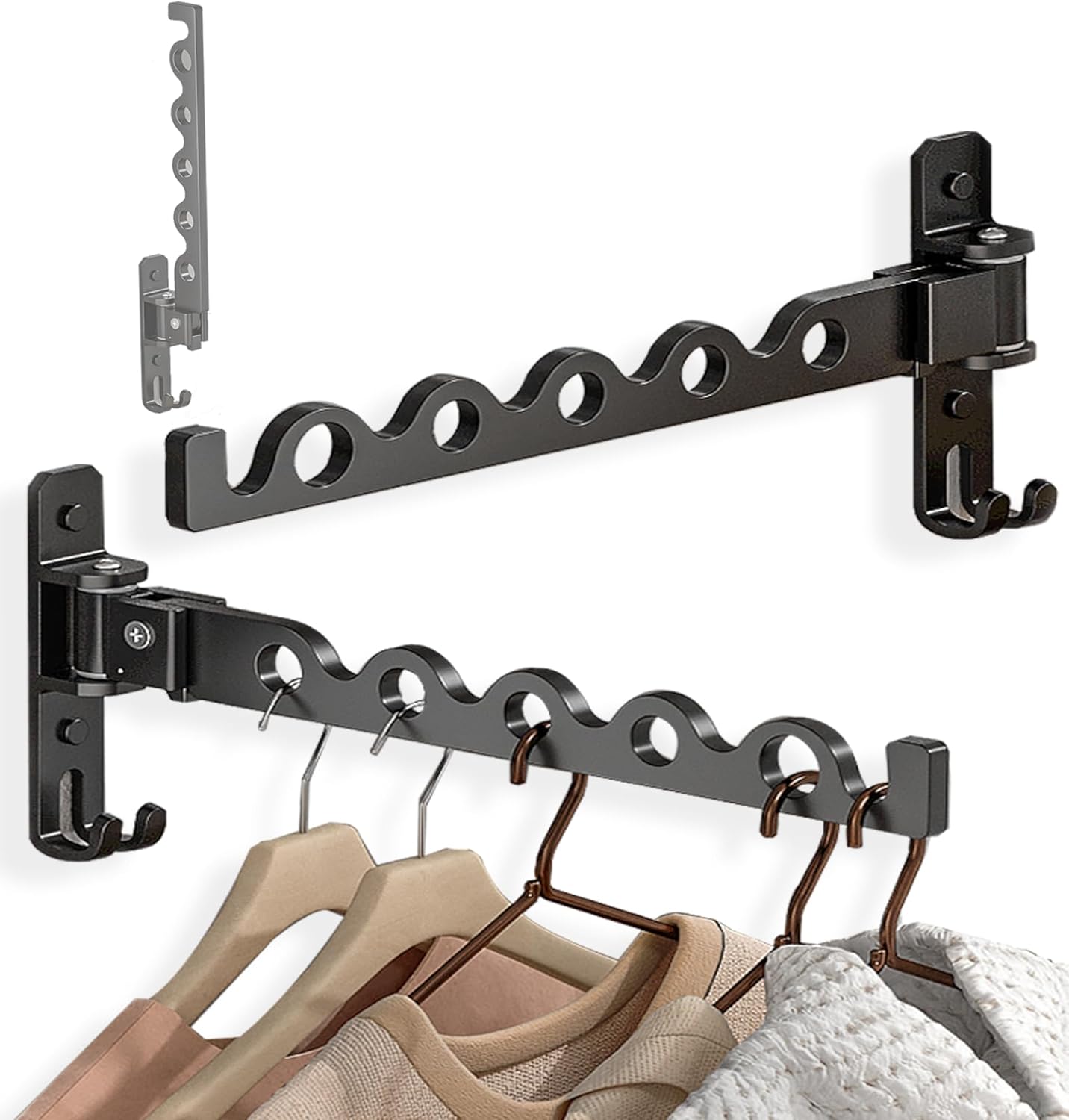 Dr.DJ Wall Hanger for Clothes, Coat Hanger Mounted Matte Black Retractable Clothes Drying Organizer Rack Garment Hooks Aluminium Folding Indoor Space Saver (2 Racks) Black - Lumora Casa