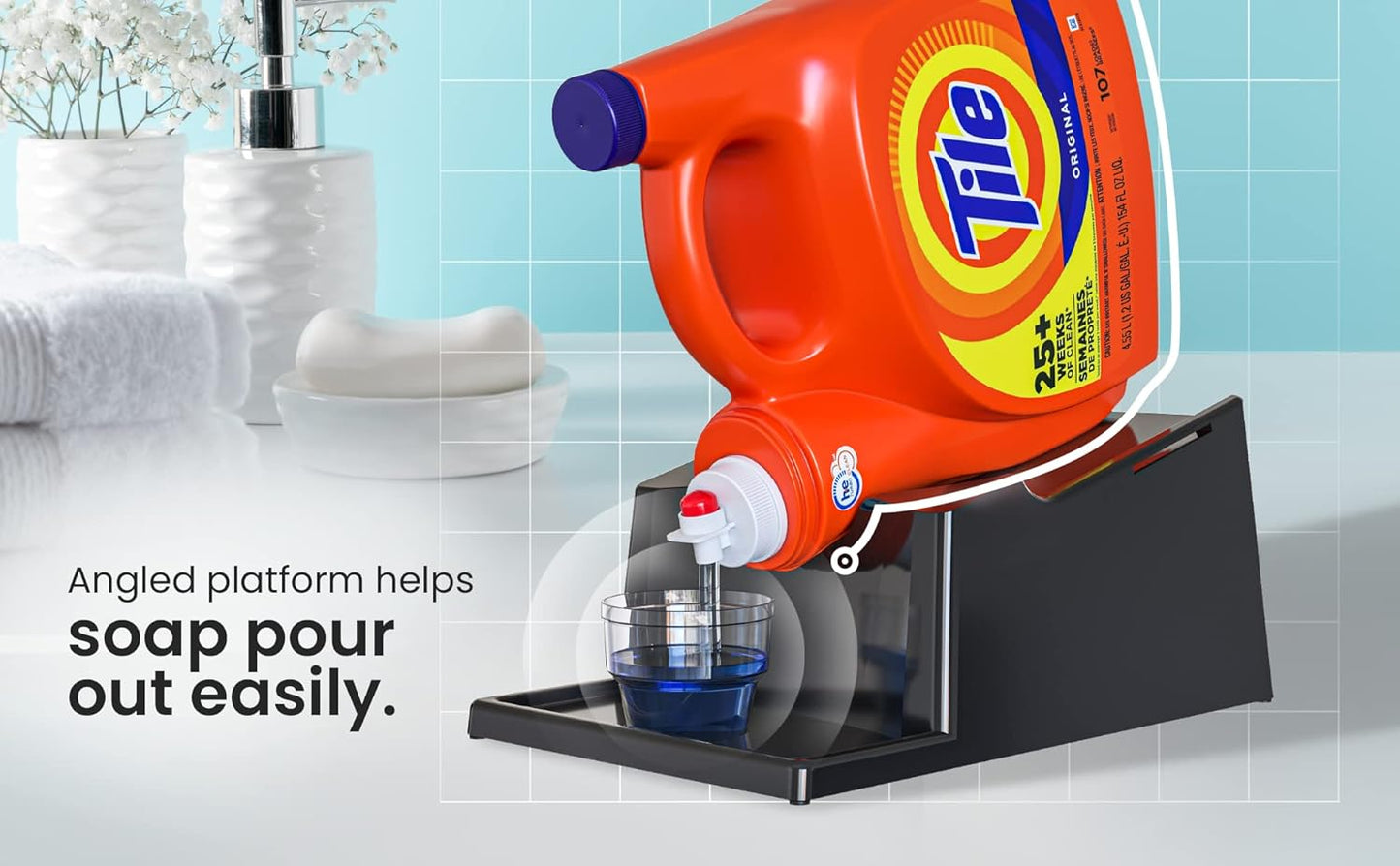 TidyFriend Liquid Laundry Detergent Holder Stand with Drip Tray & Rubber-Grip Feet, Stand for Laundry Room Organization and Storage, Fabric Softener Dispenser with Cup Holder for Easy Pouring (Black)