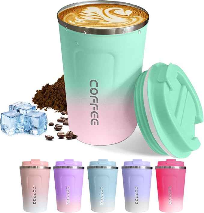 SPLMIFA Travel Coffee Mug Leak-Proof, Reusable Coffee Cups with Lids, Stainless Steel Vacuum Insulated Coffee Tumblers, Thermal Insulation Cup for Men and Women Hot & Cold Drinks(2nd-Green Pink, 17OZ)