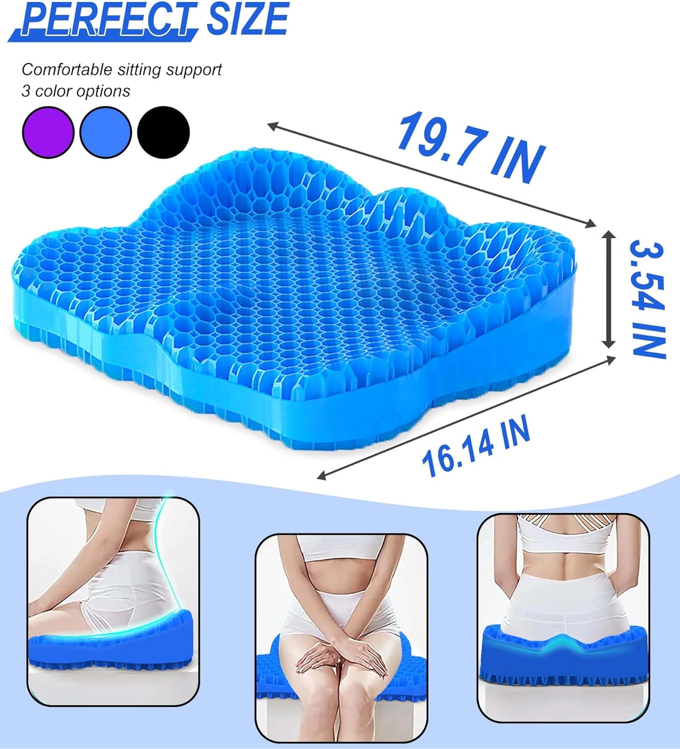 Thicken 19.7in Seat Cushion, Gel Seat Cushion for Long Sitting–Office Chair, Wheelchair, Car Cushion, Large Cooling Pad for Back Pain, Sciatica, Tailbone Pain Relief
