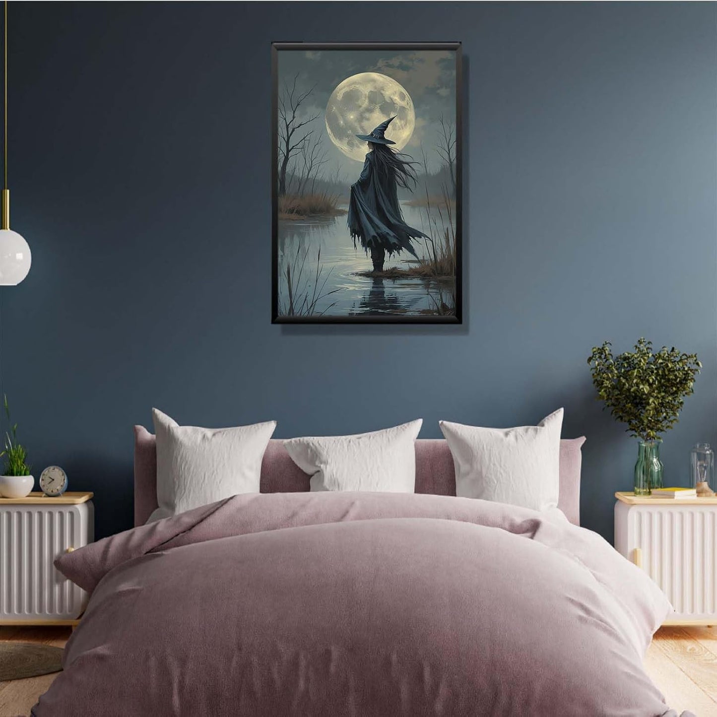 JFHCQJPK Witch in the moonlight magic canvas wall art enchanting Halloween home decor swamp witch silhouette oil painting mysterious gothic aesthetic wall decor print poster20x30in Metal blackFramed