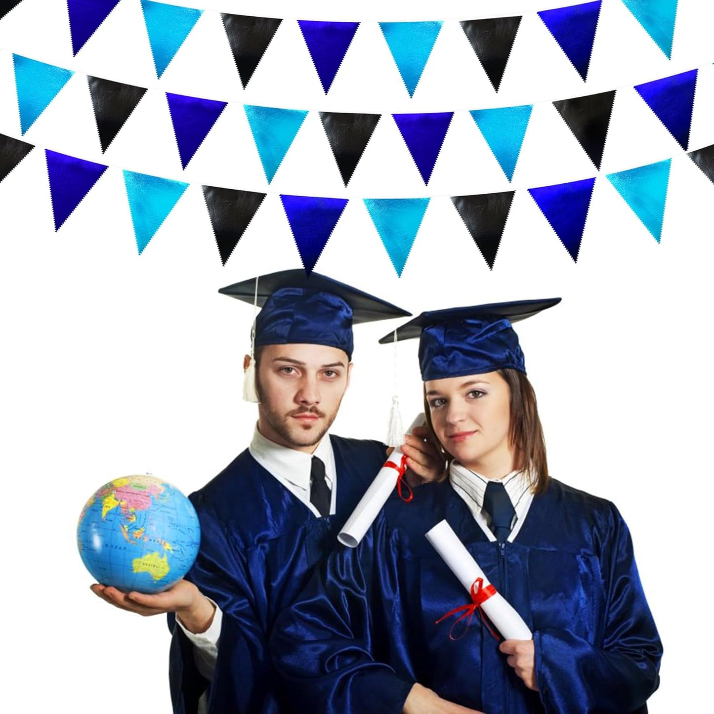 Black Blue Party Decorations Metallic Fabric Triangle Pennant Banner Flag Bunting Garland for Video Game Nautical Birthday Graduations Retirement Wedding Bachelorette Outdoor Holiday Party Supplies